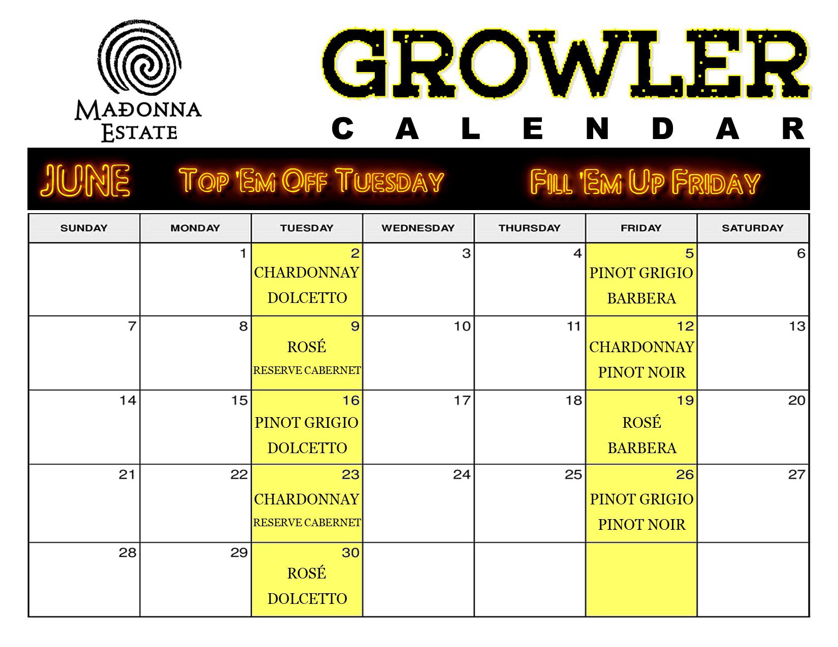 JUNE Growler Calendar JUNE Growler Calendar